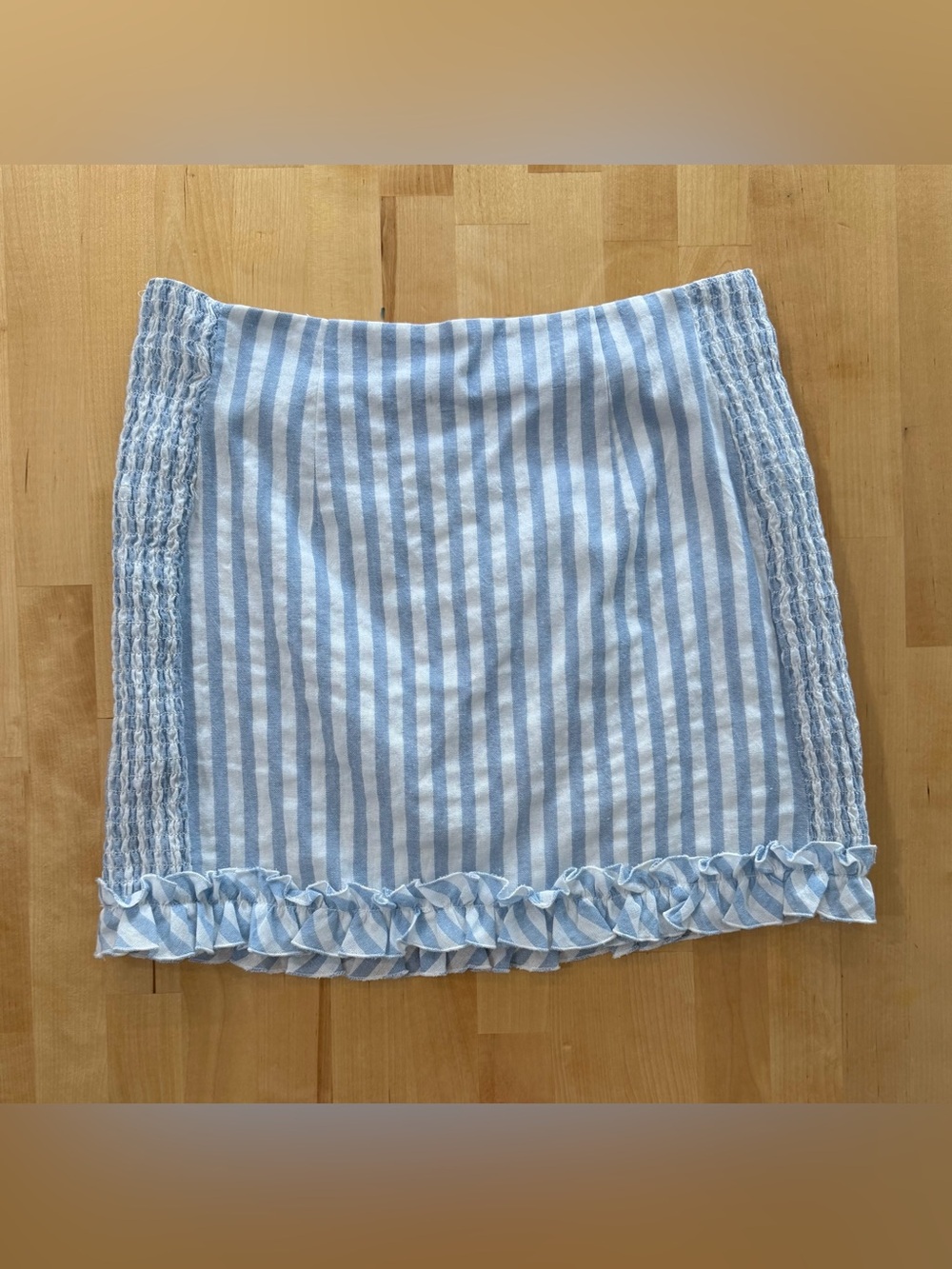 Superdown Blue and White Stripe Cotton Ruffle Hem Mini Skirt